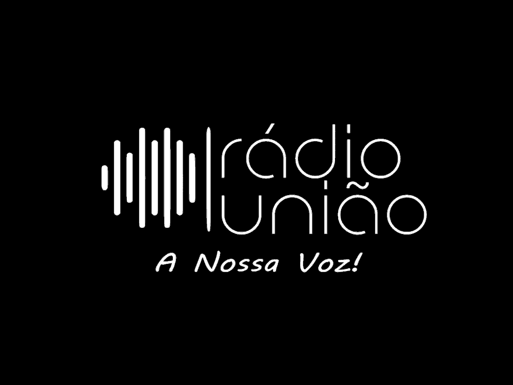 Logotipo da Rádio União - A nossa voz, letras brancas sobre um fundo negro